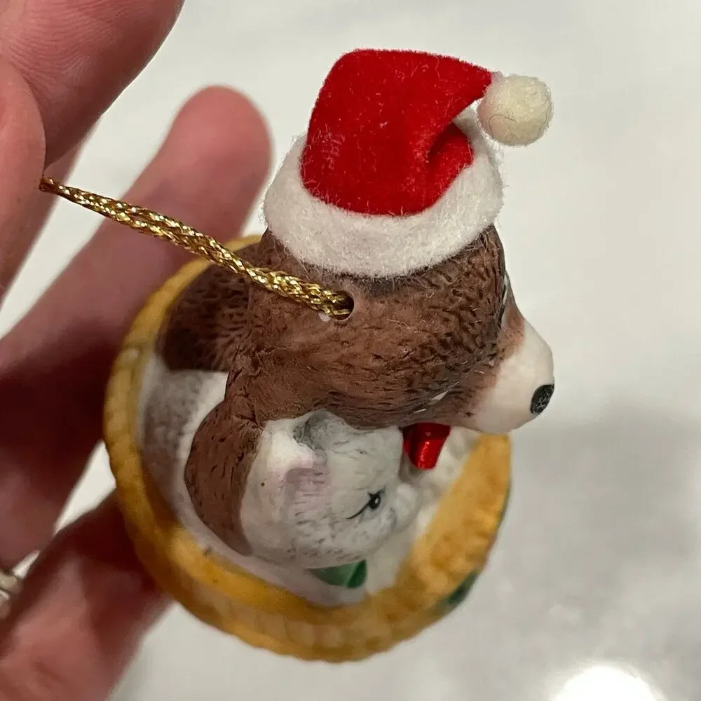 Vintage Porcelain Christmas Puppy Kitten Bell Ornament JSNY Santa Hat Dog Cat